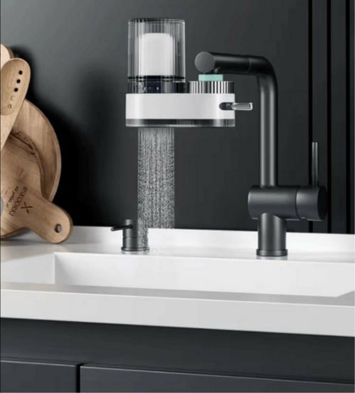 A stylish faucet water purifier installed in a modern kitchen
